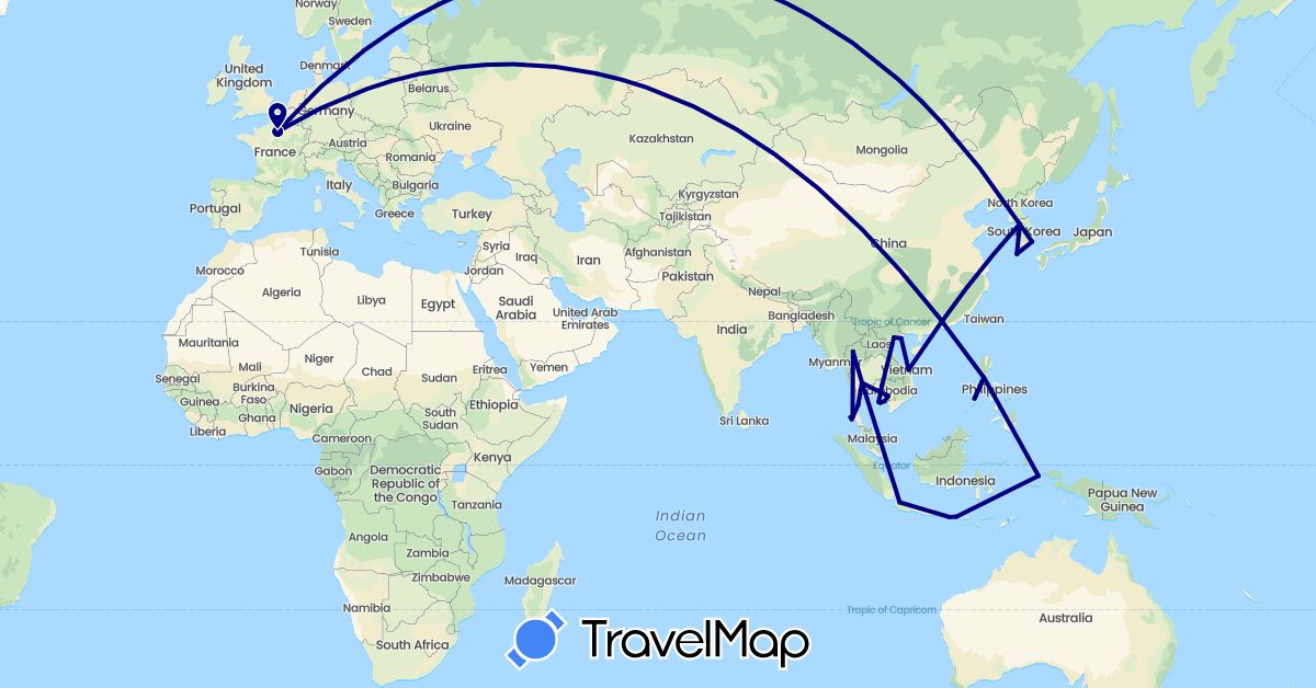 TravelMap itinerary: driving in France, Indonesia, Cambodia, South Korea, Philippines, Thailand, Vietnam (Asia, Europe)